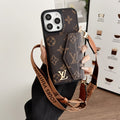 Canvas and leather crossbody iPhone case with accordion card holder, brown big monogram