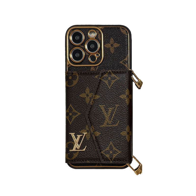 Brown leather iPhone wallet case with strap