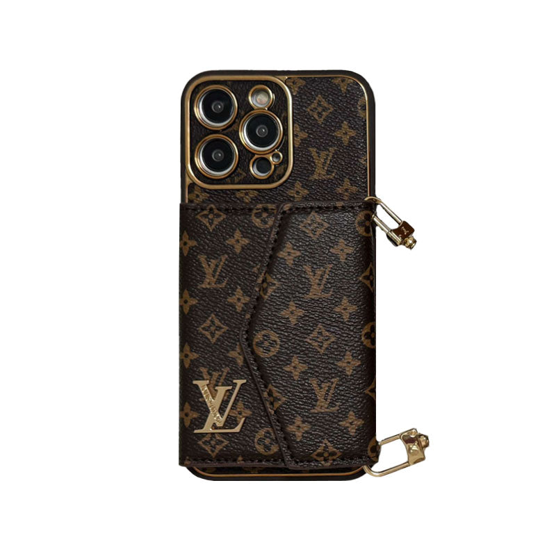 Brown leather iPhone wallet case with strap