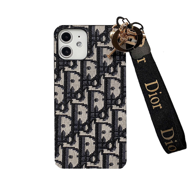 Dior-inspired lady phone case with strap, black