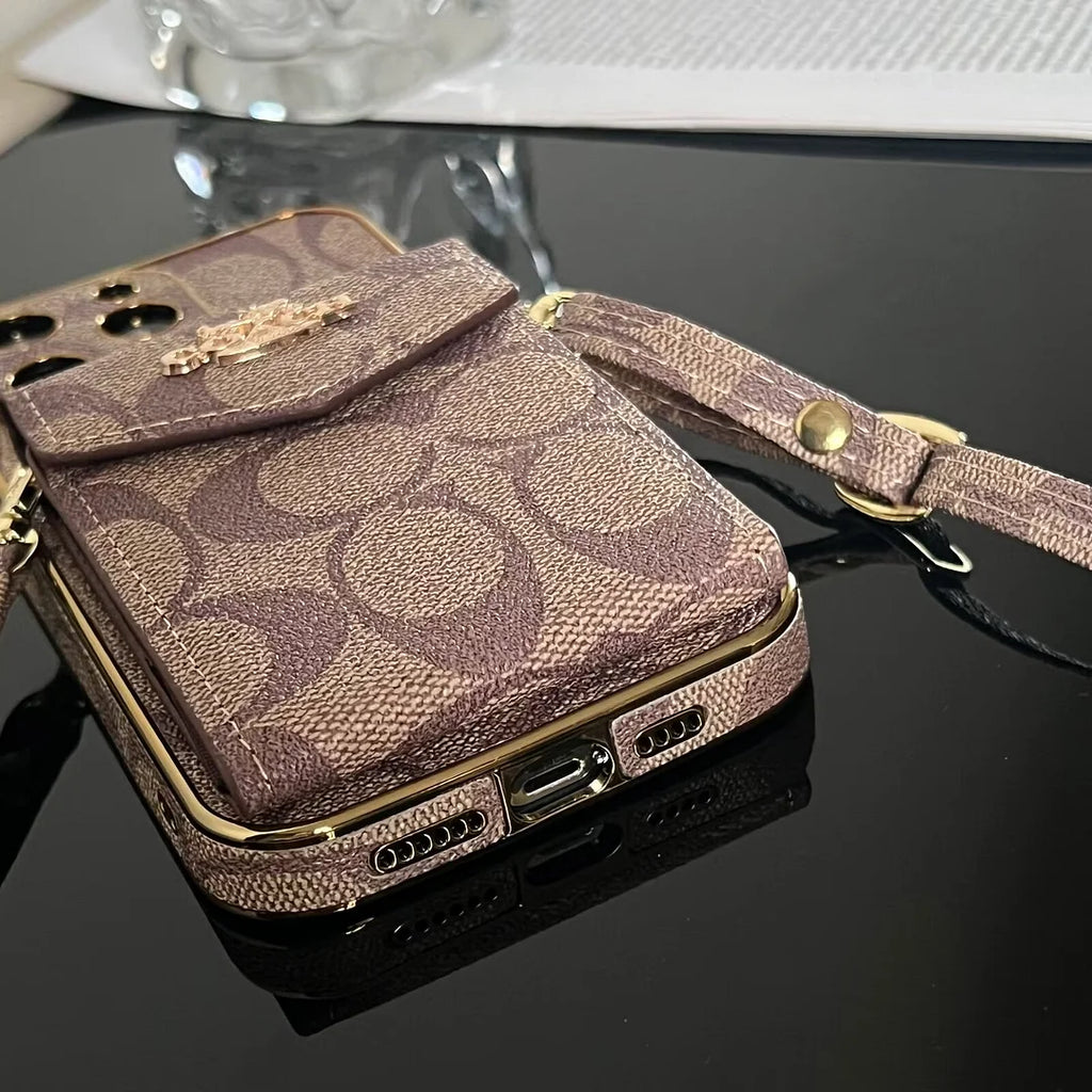 Coach-inspired logo accordion card holder leather crossbody iPhone case
