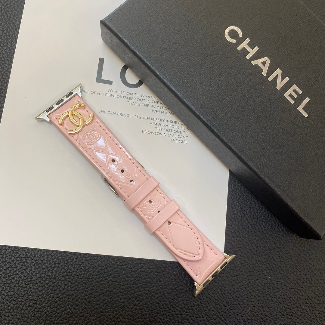 Glossy leather Apple Watch strap metal logo