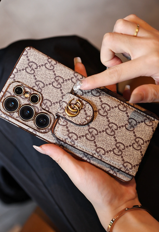Leather Samsung phone case with wallet and strap