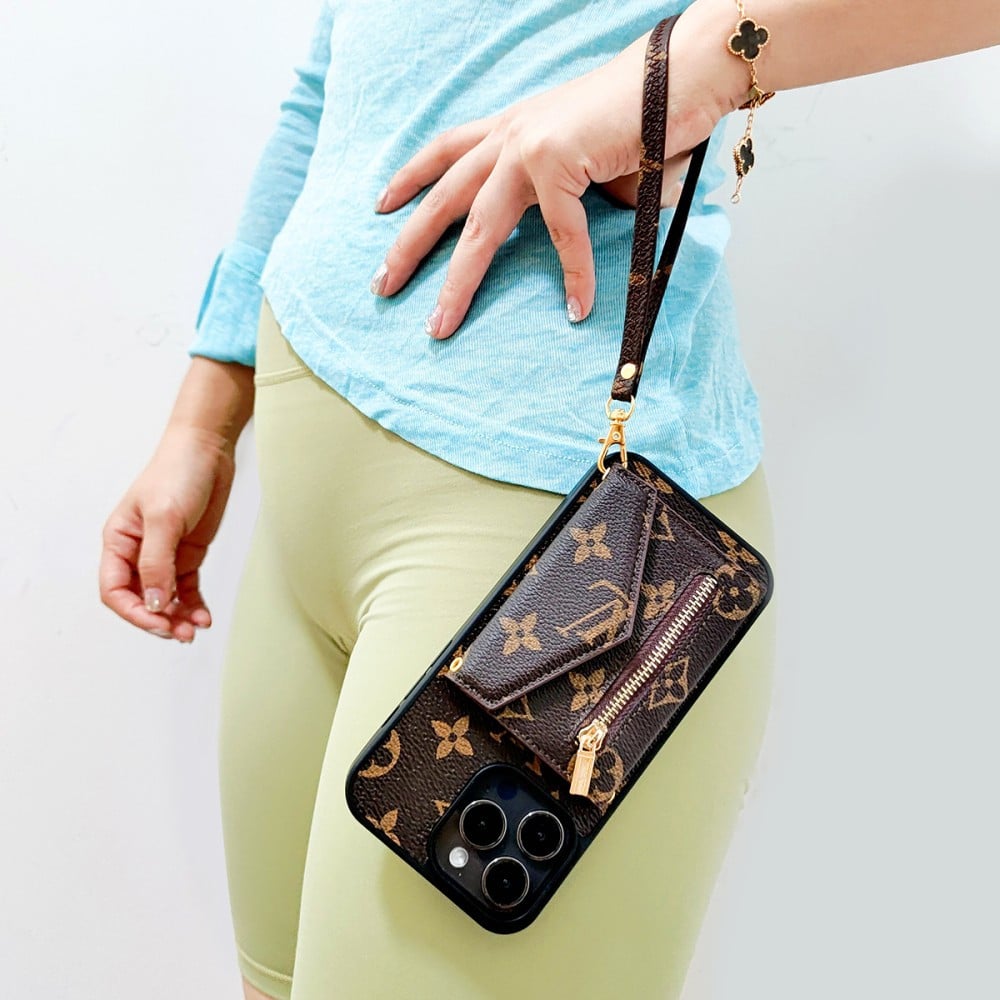 Louis Vuitton-inspired monogram wallet phone case with zip pocket
