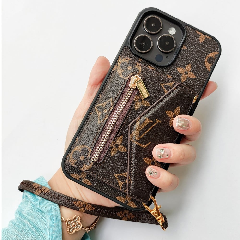 Louis Vuitton-inspired monogram wallet phone case with zip pocket