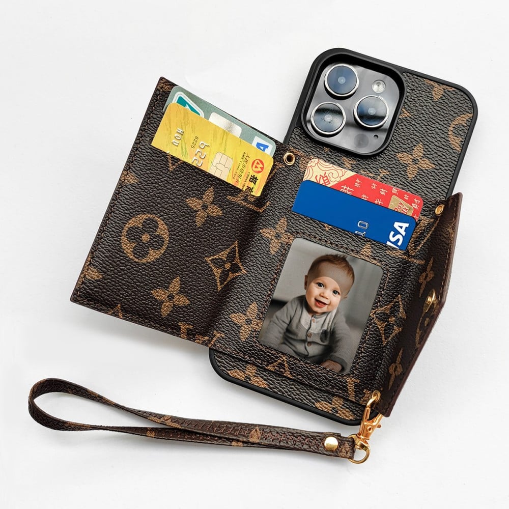 Louis Vuitton-inspired monogram wallet phone case with zip pocket
