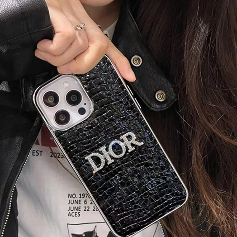 Dior-inspired rhinestone phone case with contrast lettering