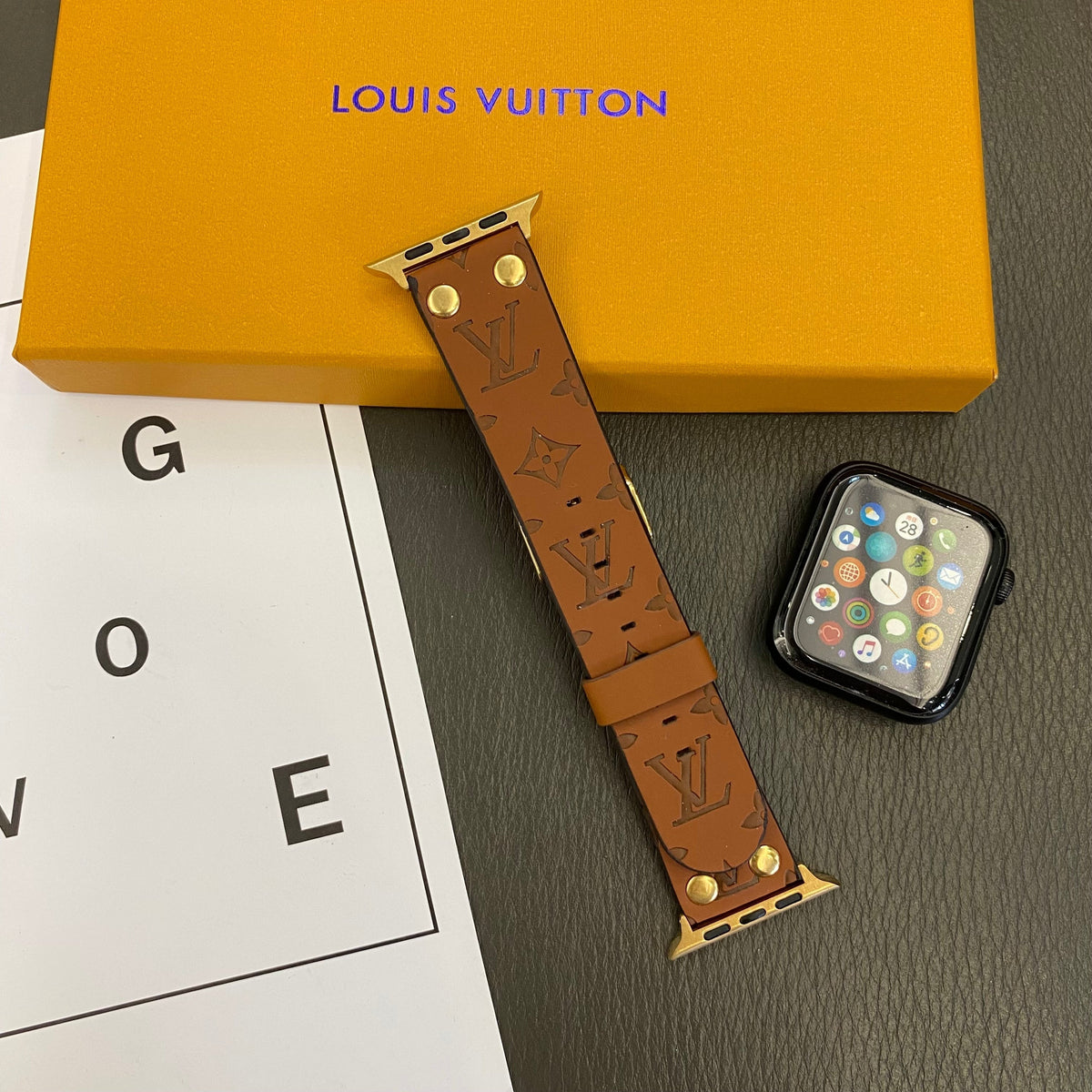Louis Vuitton-inspired embossed monogram Apple Watch band with rivet details