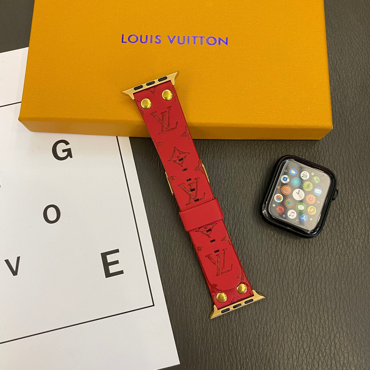 Louis Vuitton-inspired embossed monogram Apple Watch band with rivet details