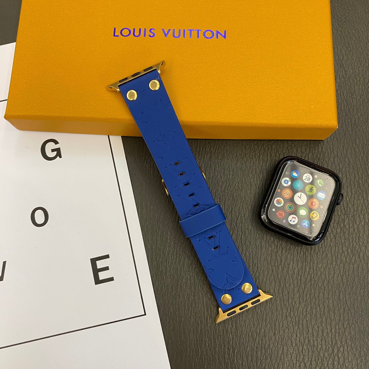 Louis Vuitton-inspired embossed monogram Apple Watch band with rivet details