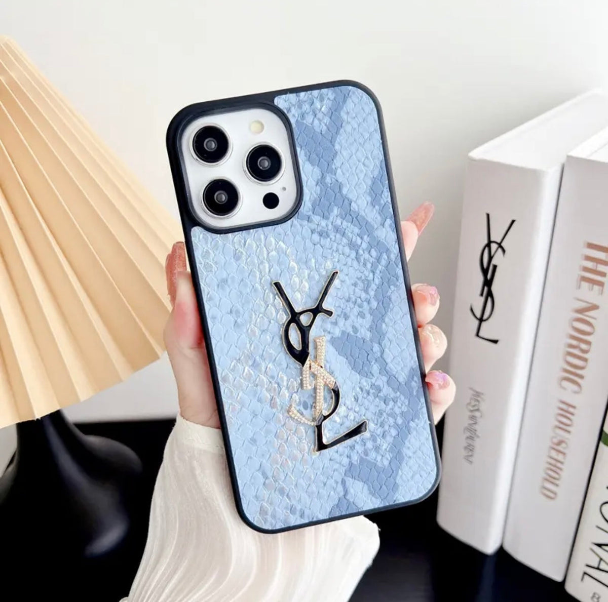 YSL-inspired pastel textured iPhone case with raised emblem