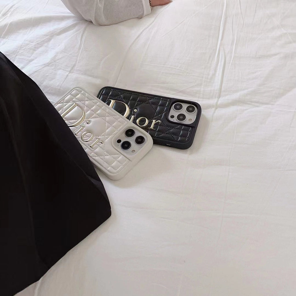 Dior-inspired quilted iPhone case with oversized letter detail