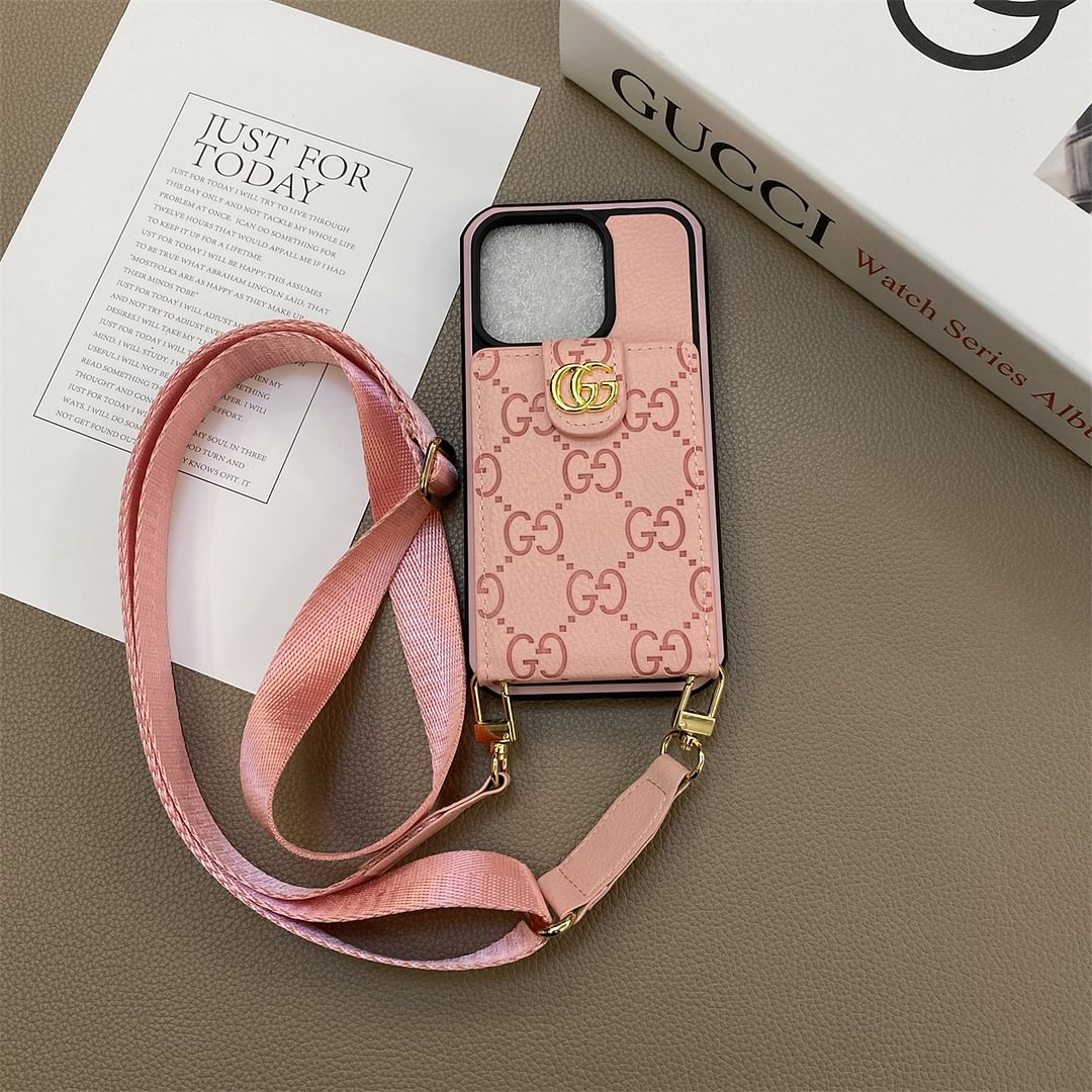 Leather iPhone case with button card holder and cord