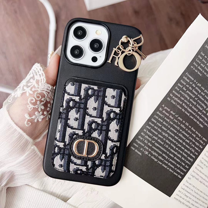 iPhone case with pocket card holder and chain, black