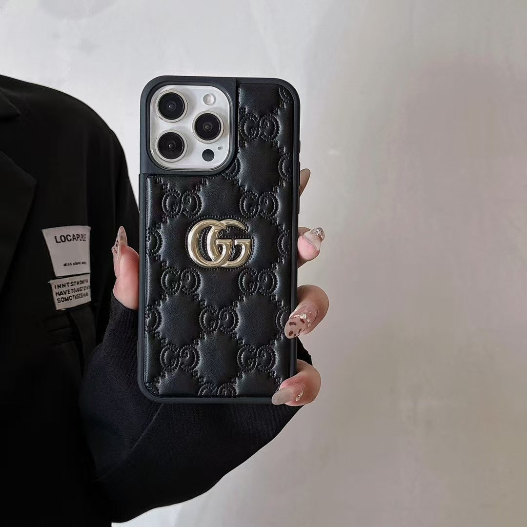 Gucci-inspired quilted iPhone case with metal emblem