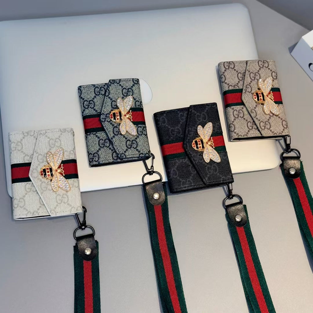 Gucci-inspired bee detail monogram card holder with strap