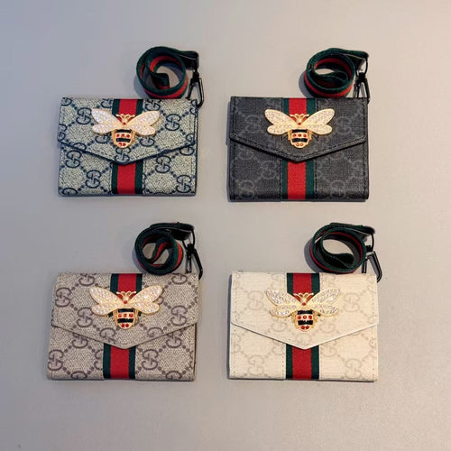 Gucci-inspired bee detail monogram card holder with strap