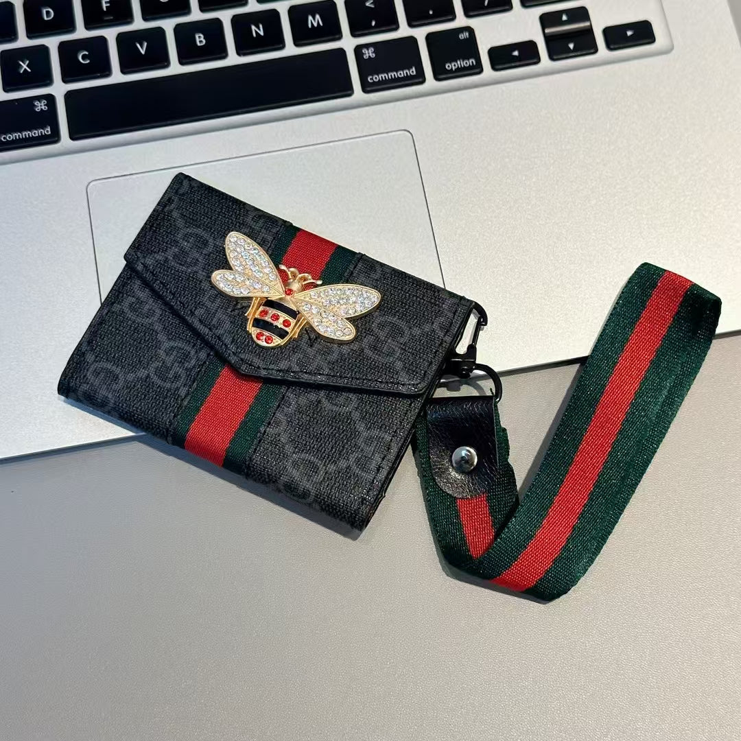Gucci-inspired bee detail monogram card holder with strap, black