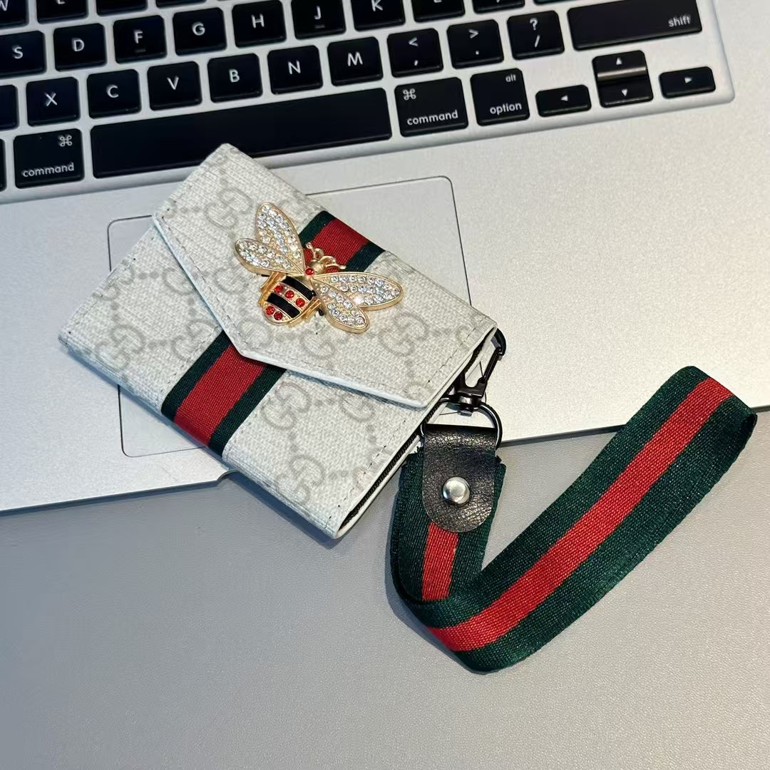 Gucci-inspired bee detail monogram card holder with strap
