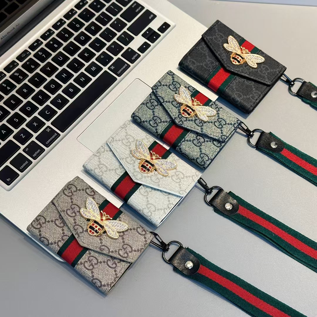 Gucci-inspired bee detail monogram card holder with strap