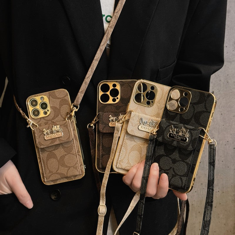Coach-inspired leather iPhone case with card holder and strap