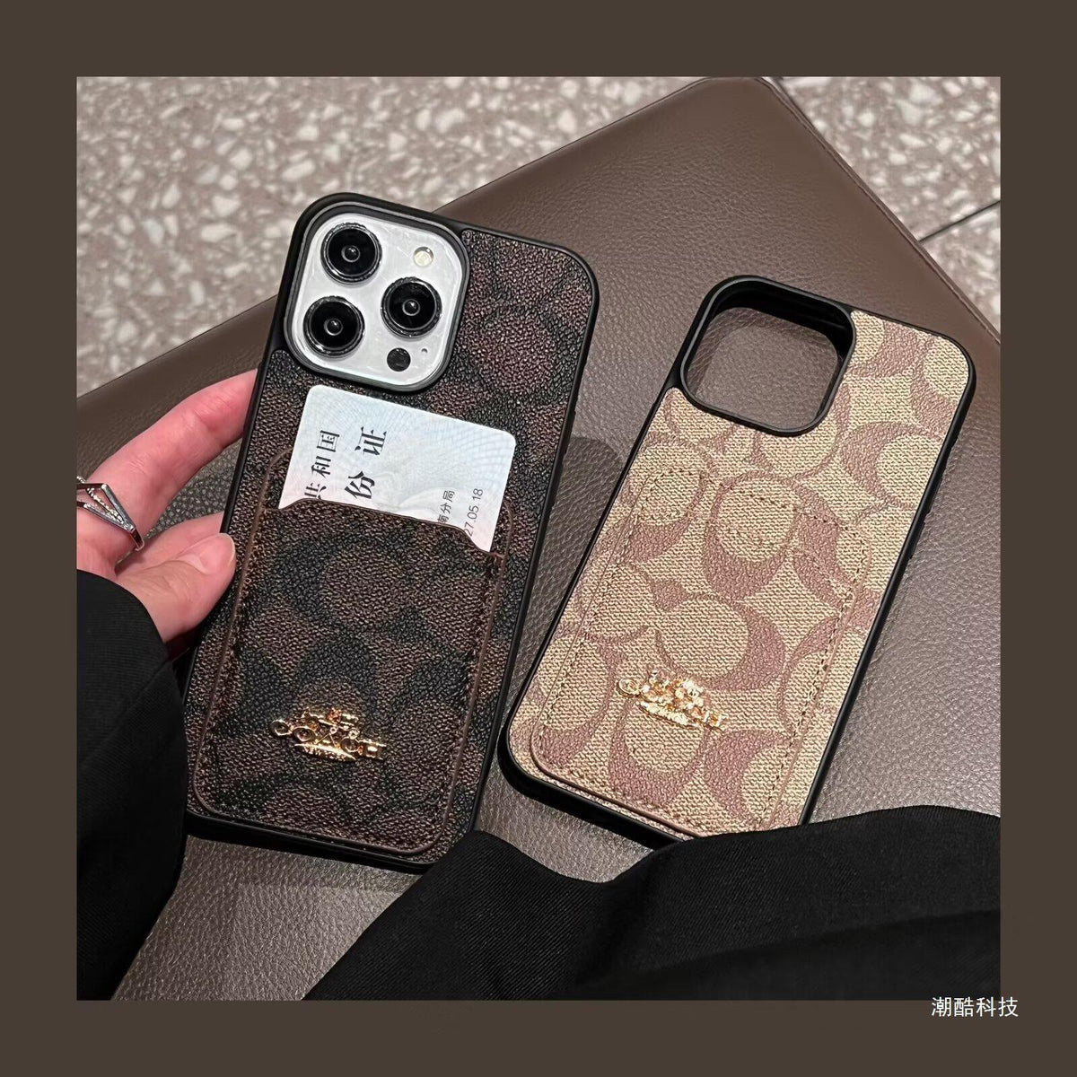 Coach-inspired fine monogram leather iPhone case with card pocket