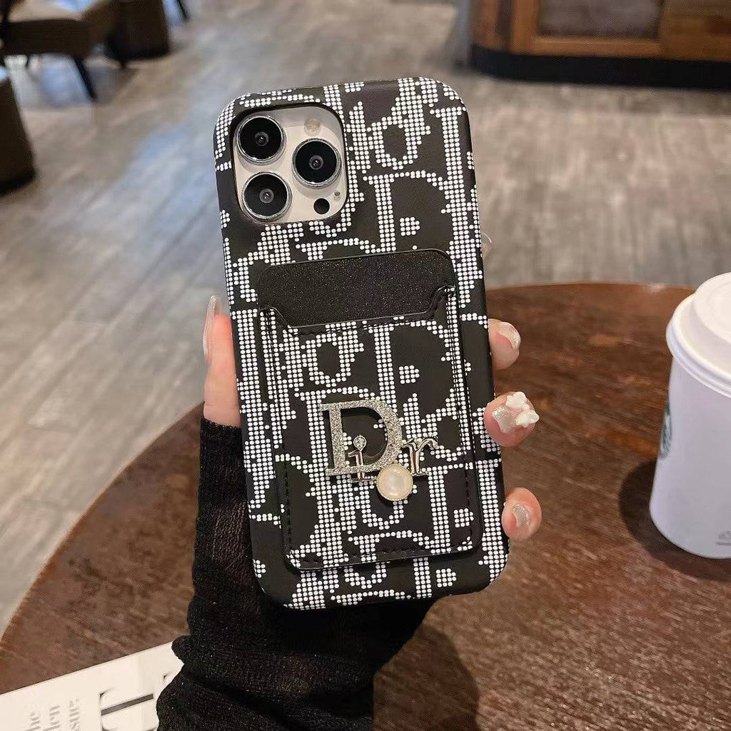 Dior-inspired fashion iPhone case with card holder, black