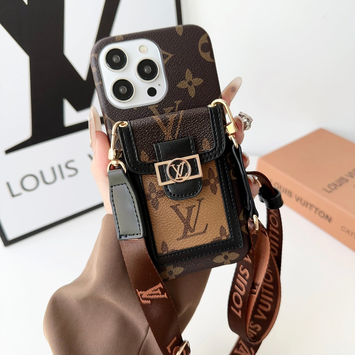 Louis Vuitton-inspired leather monogram crossbody iPhone case