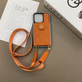 Leather iPhone case with button card holder and cord, orange