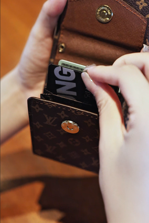 Leather Samsung phone case with wallet and strap