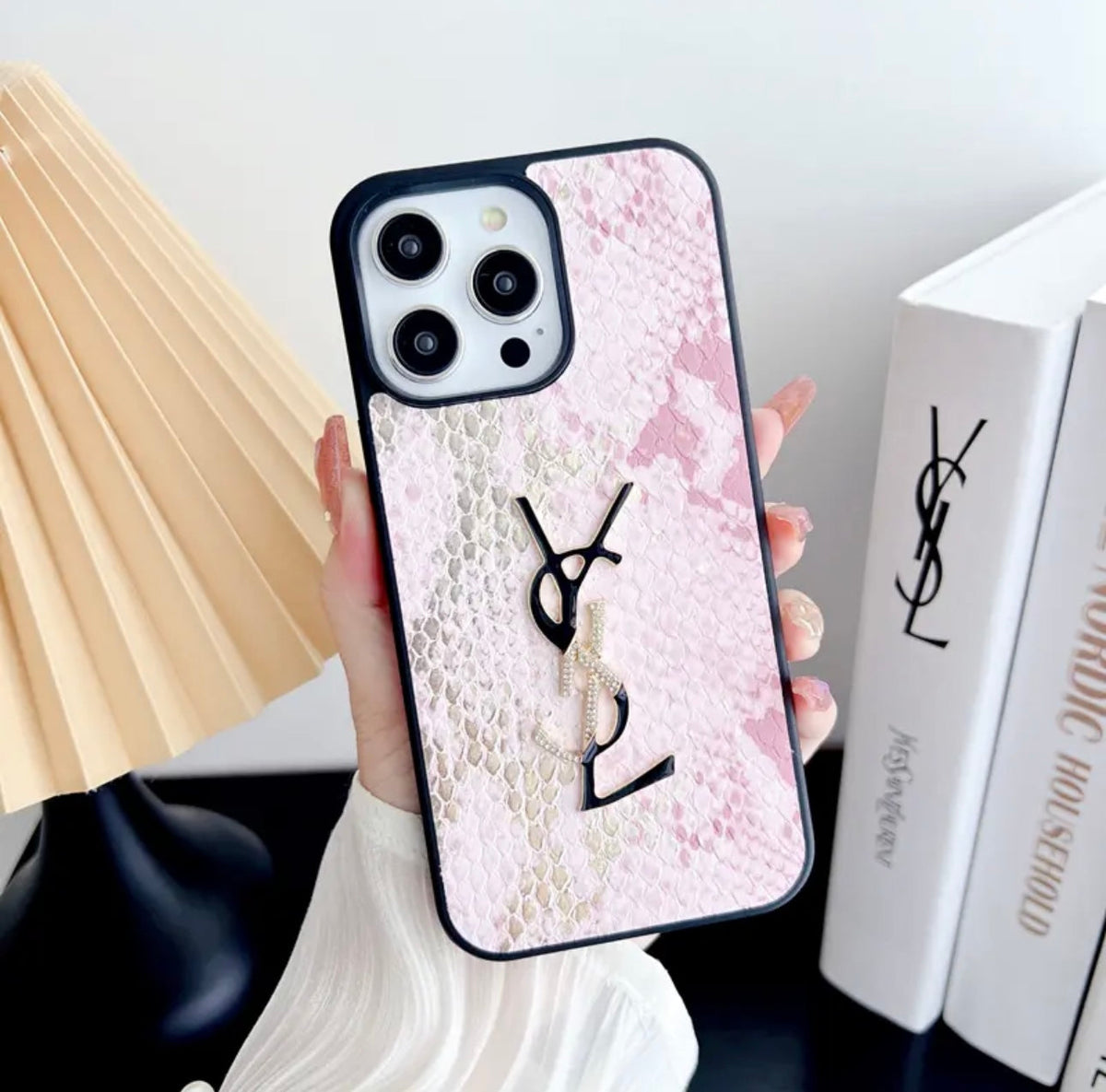 YSL-inspired pastel textured iPhone case with raised emblem