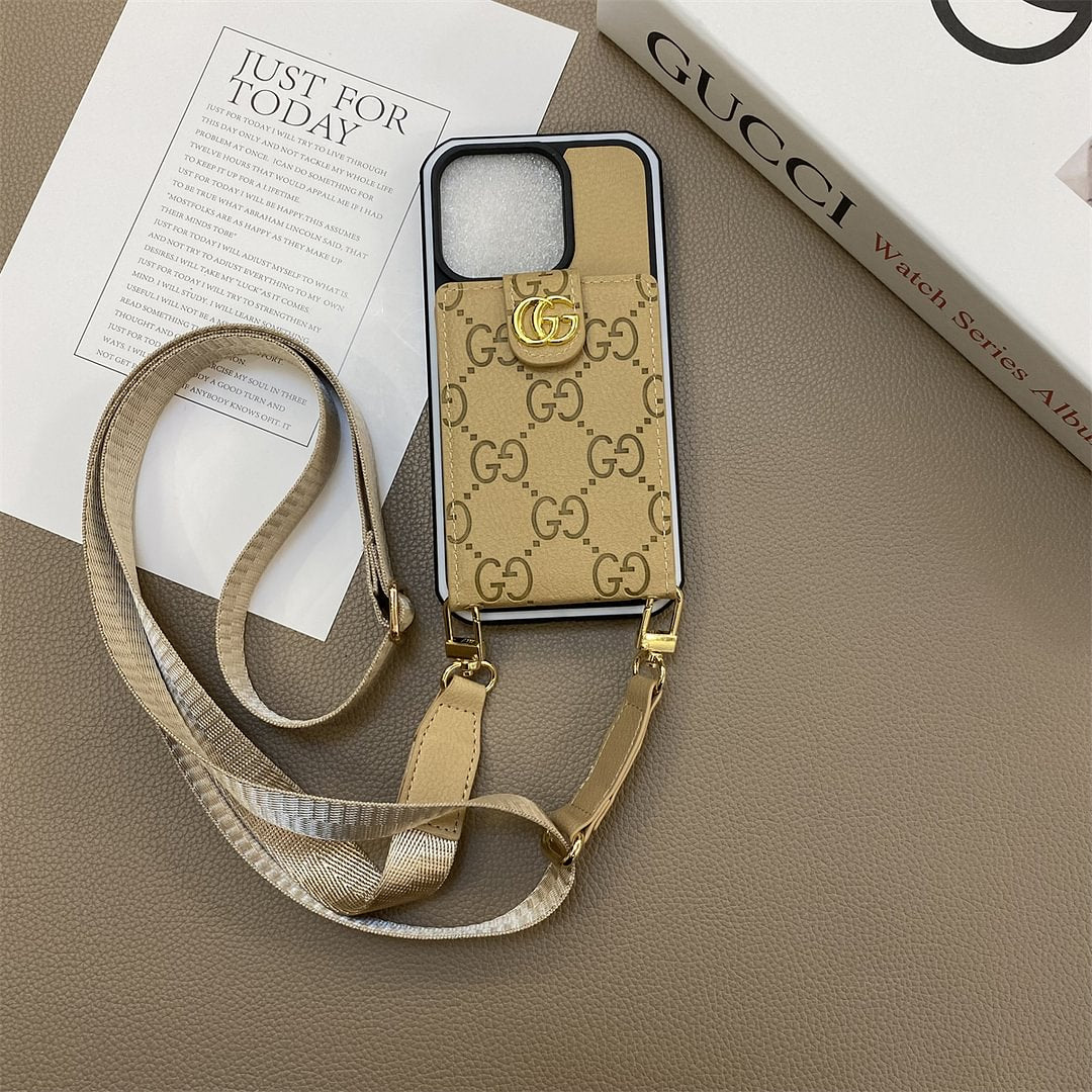 Leather iPhone case with button card holder and cord