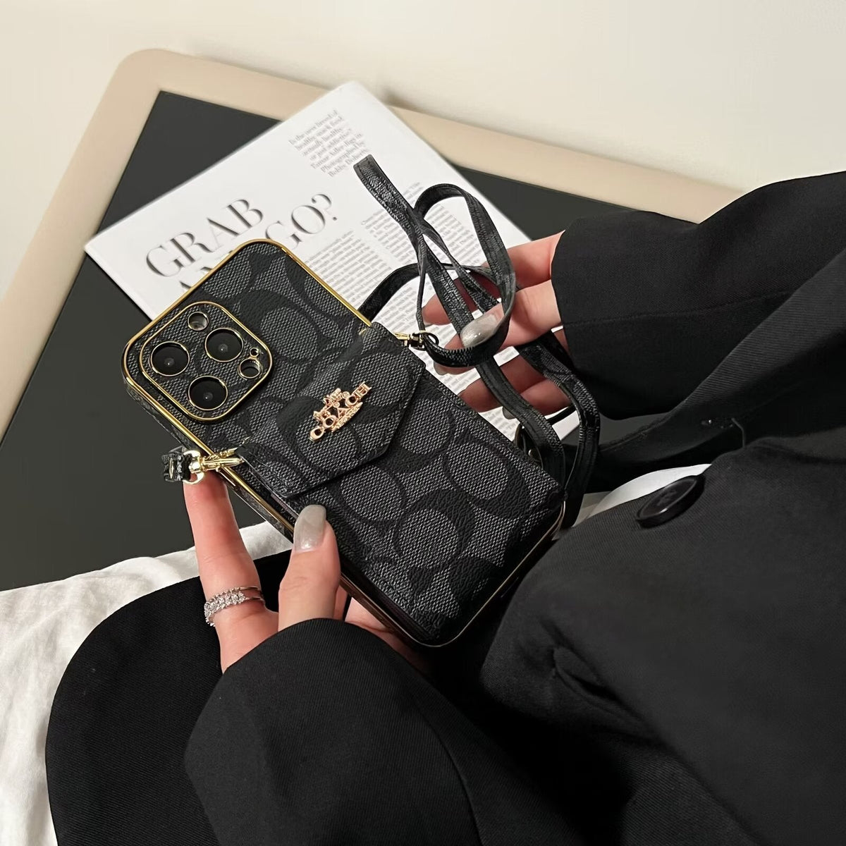 Coach-inspired logo accordion card holder leather crossbody iPhone case