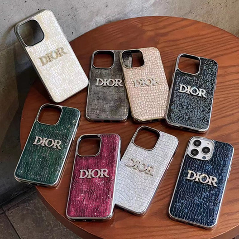 Dior-inspired rhinestone phone case with contrast lettering