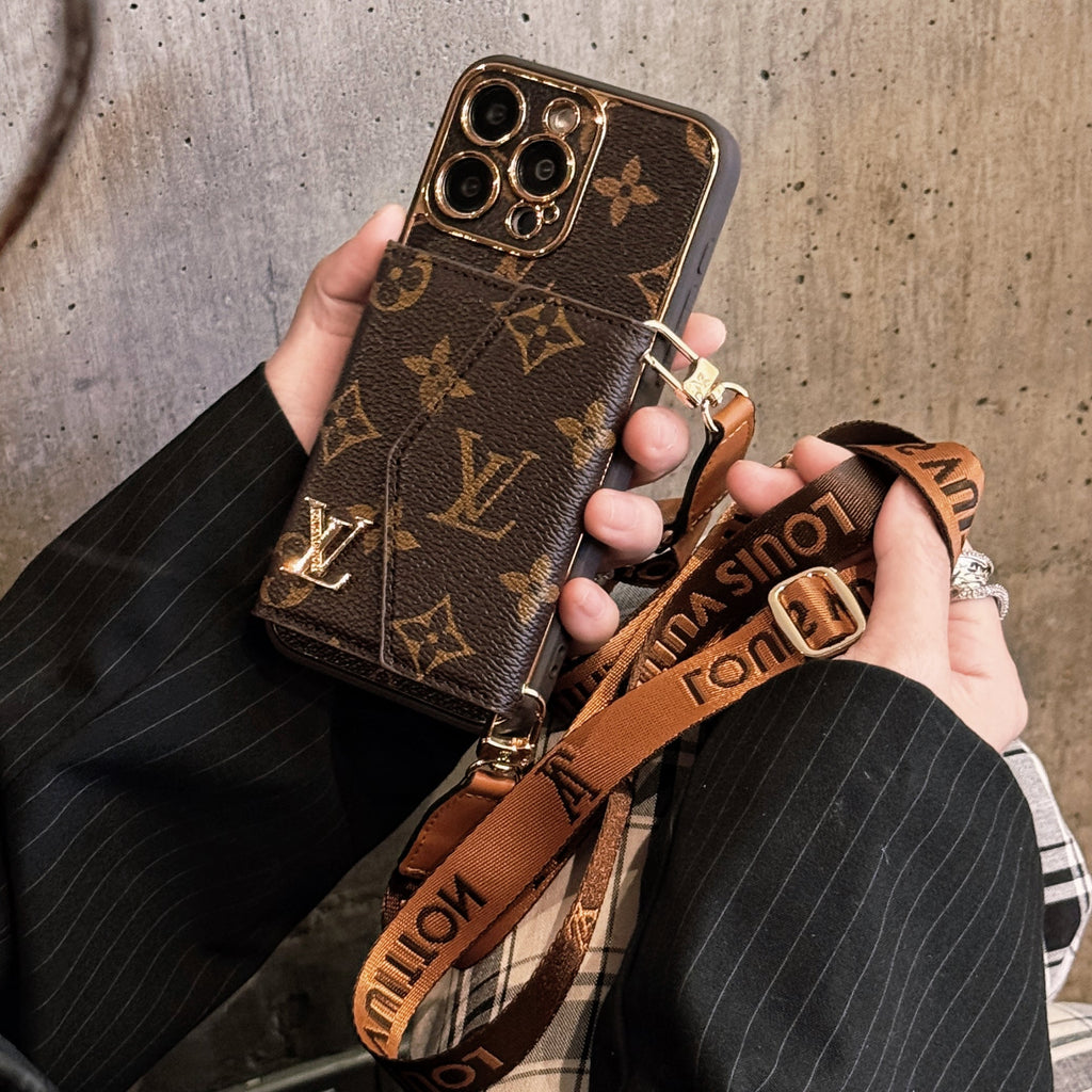 Brown leather iPhone wallet case with strap
