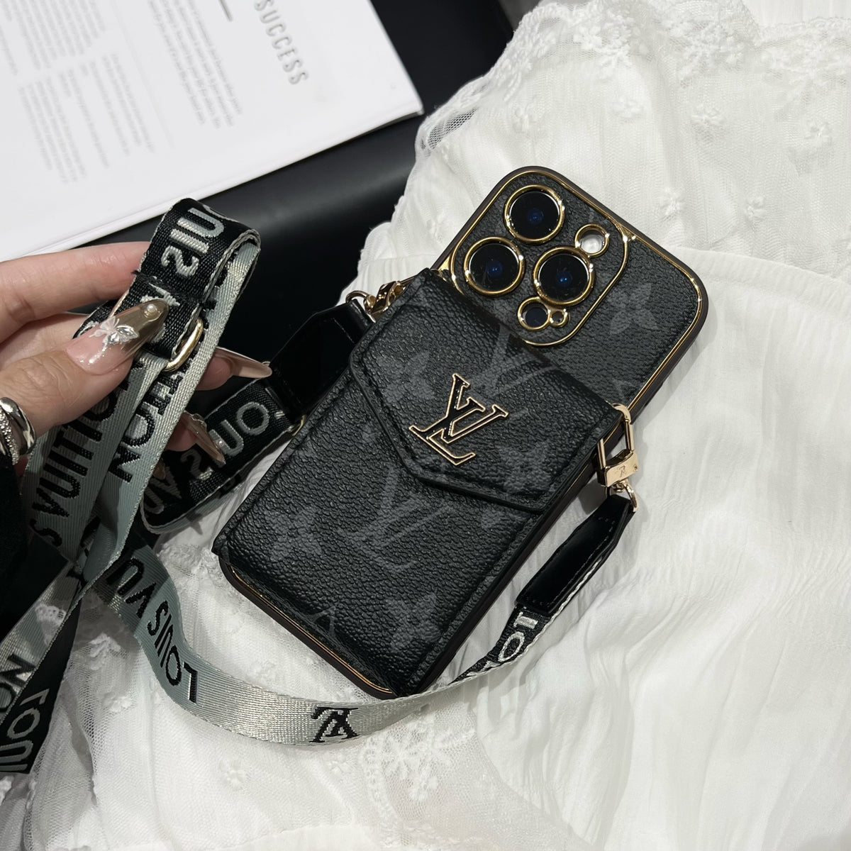 Louis Vuitton-inspired iPhone case with ID card holder and strap