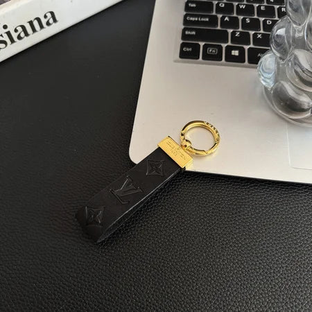 Louis Vuitton-inspired keyring embossed leather gold hardware, black