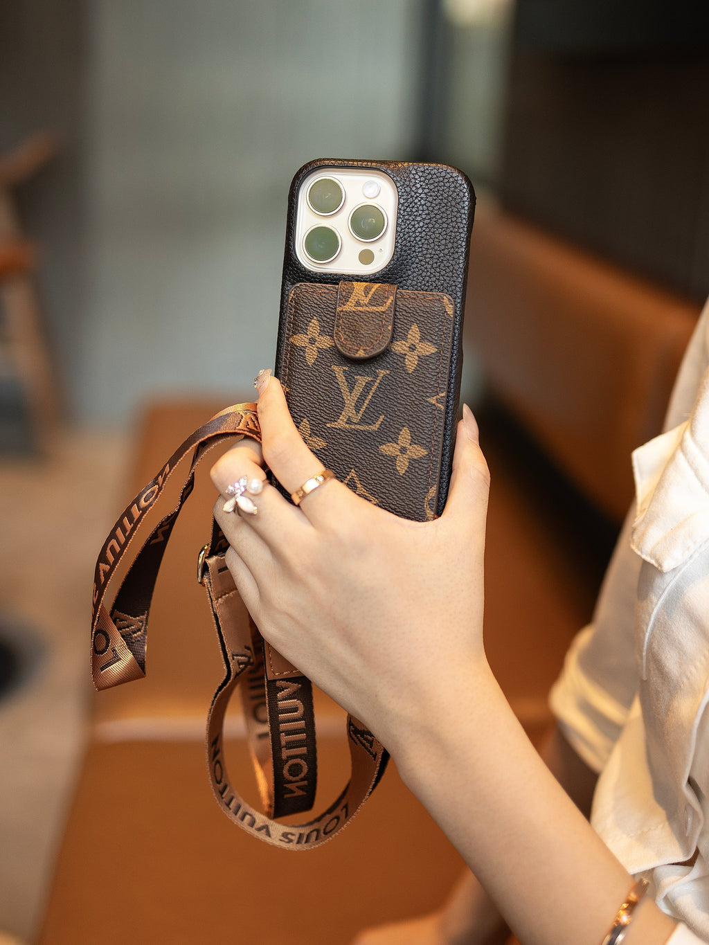 Leather iPhone case with card wallet and strap