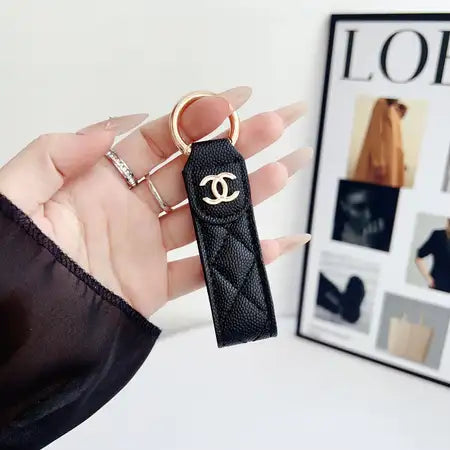 Chanel-inspired quilted leather loop keychain, black