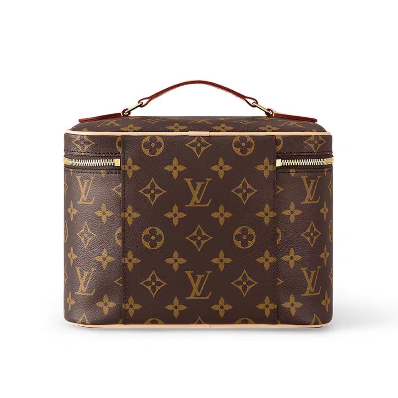 Louis Vuitton-inspired monogram cosmetic bag with zip closure