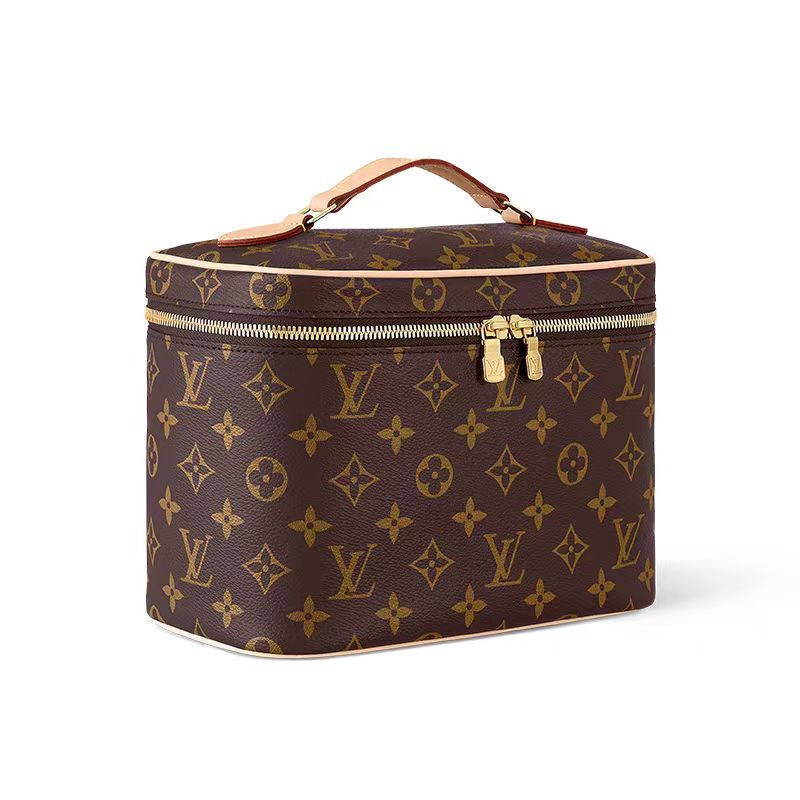 Louis Vuitton-inspired monogram cosmetic bag with zip closure