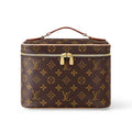 Louis Vuitton-inspired monogram cosmetic bag with zip closure, brown