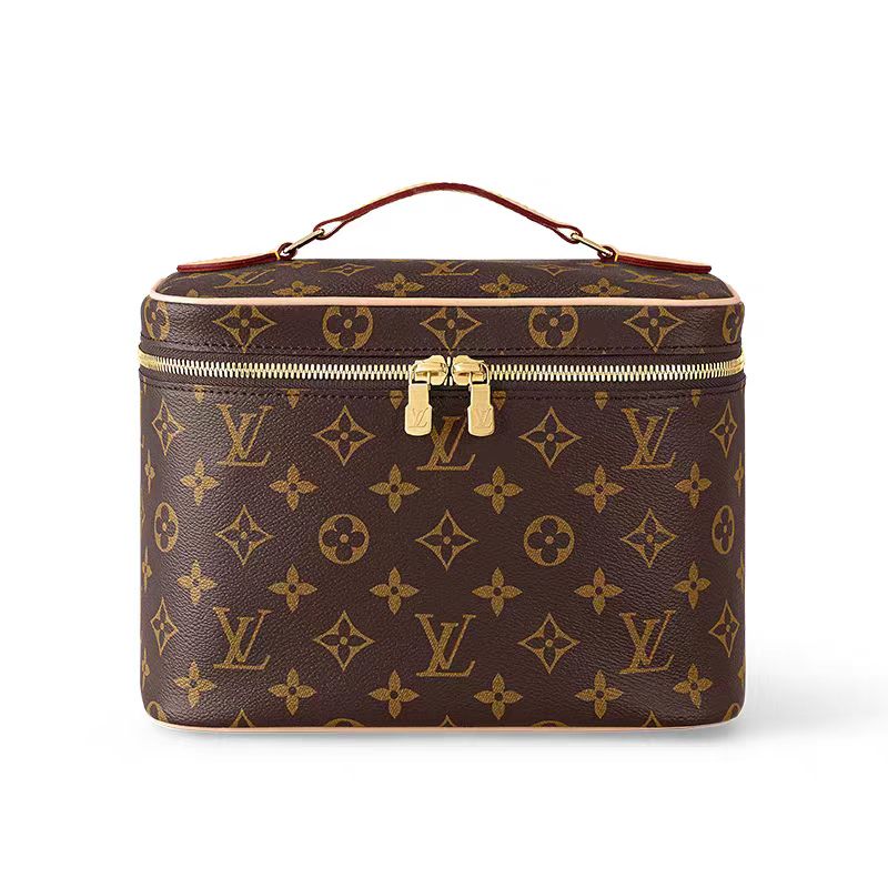 Louis Vuitton-inspired monogram cosmetic bag with zip closure, brown