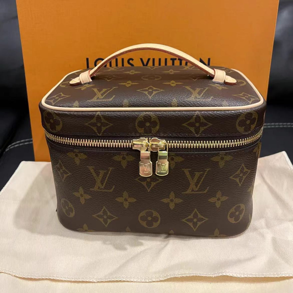 Louis Vuitton-inspired monogram cosmetic bag with zip closure