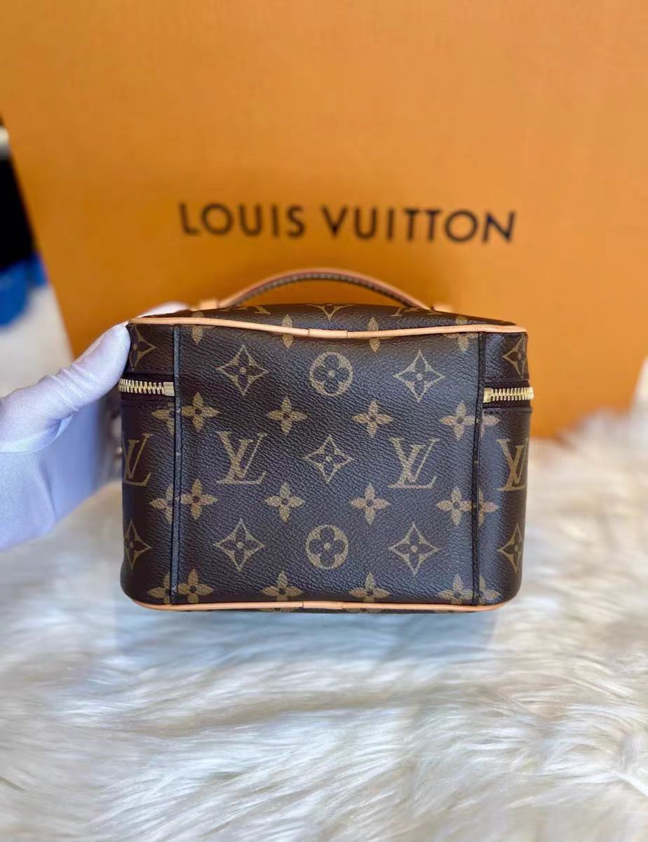 Louis Vuitton-inspired monogram cosmetic bag with zip closure
