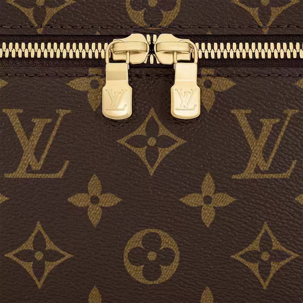 Louis Vuitton-inspired monogram cosmetic bag with zip closure