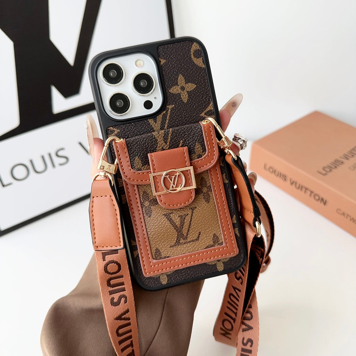 Louis Vuitton-inspired leather monogram crossbody iPhone case