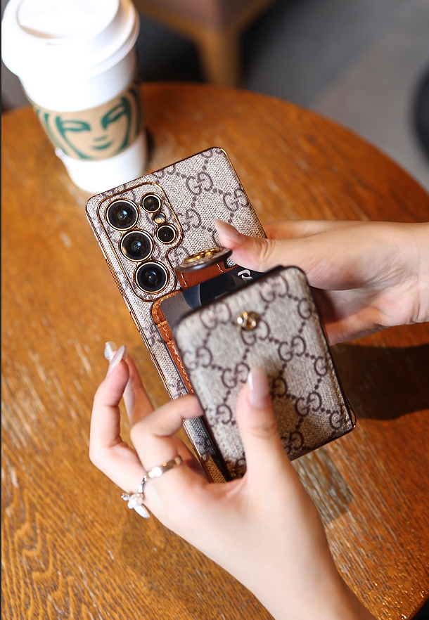 Leather Samsung phone case with wallet and strap