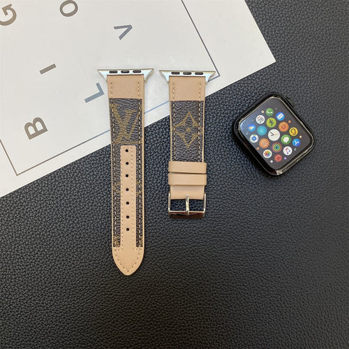 Apple Watch genuine leather strap stitching monogram leather, beige  big flower