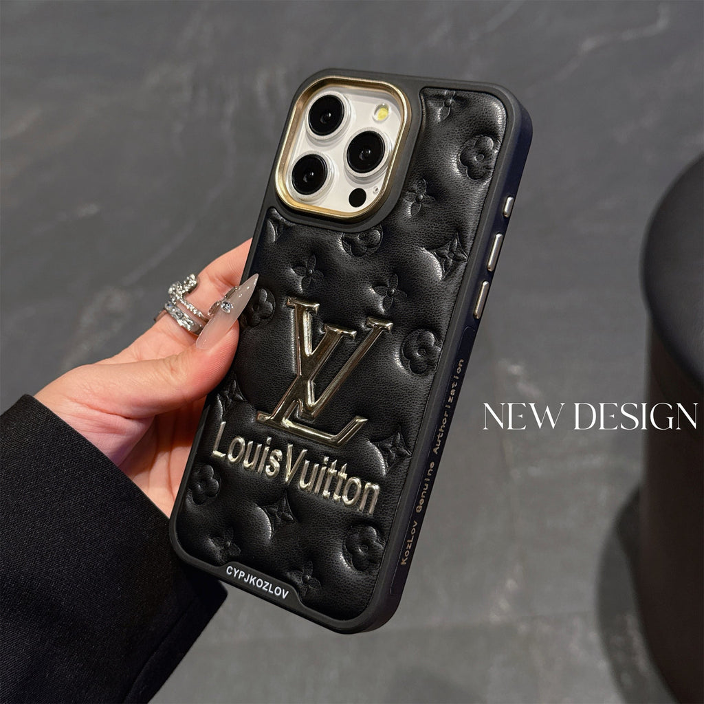 Louis Vuitton-inspired quilted leather iPhone case with raised emblem